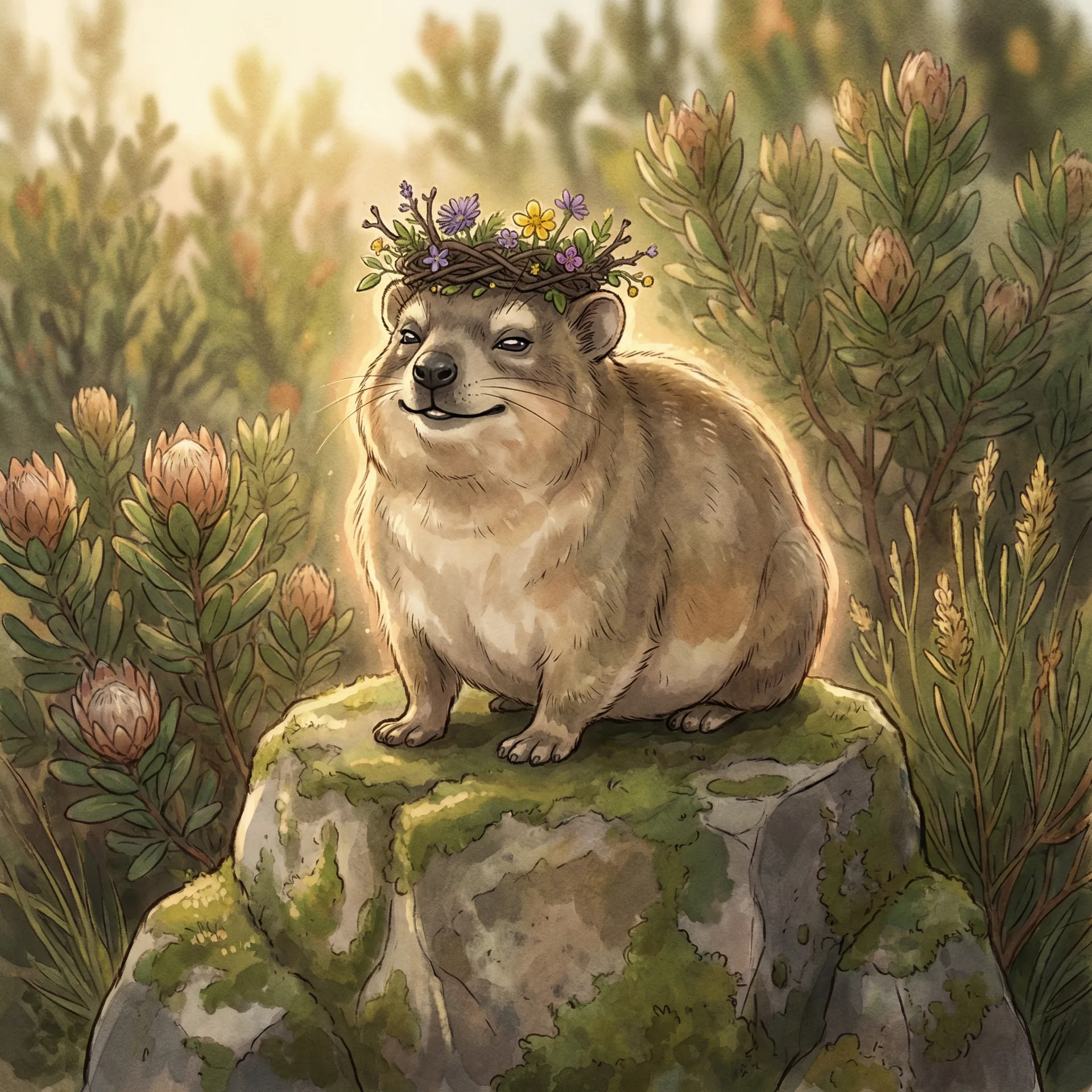 A dassie wearing a crown of wildflowers, looking supremely self-satisfied