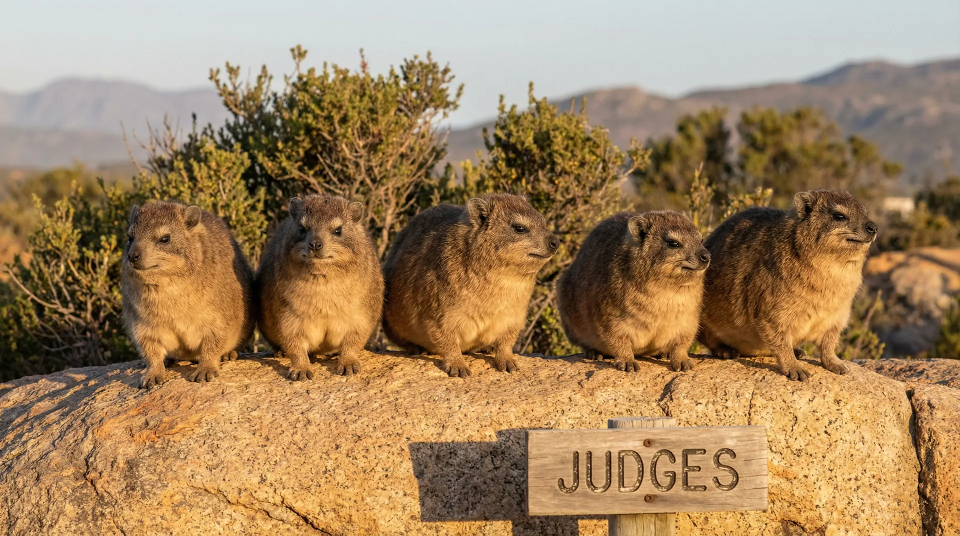 Five dassies sitting in a row, each with a different judgemental expression