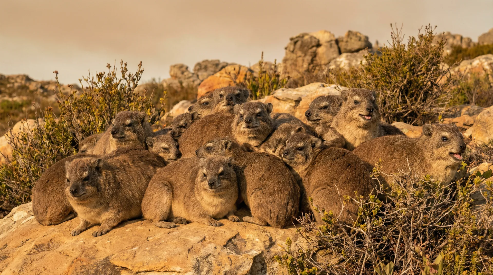 A magnificent pile of dassies on a warm rock