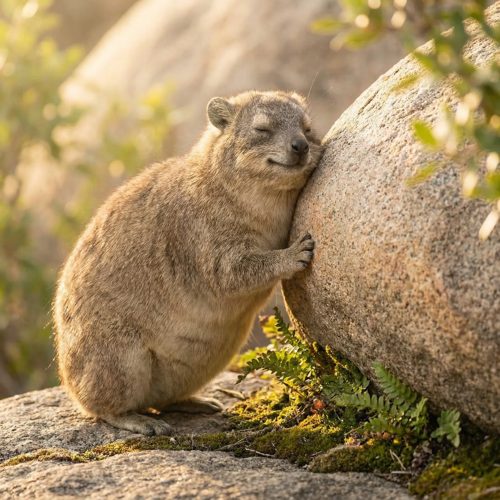 A dassie hugging a rock with pure bliss